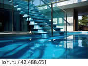 Modern swimming pool with stairs and glass panel. Generate Ai. Стоковое AI-изображение, AI-художник Иван Рябоконь / Фотобанк Лори