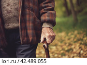 Senior man with walking cane in park. Generate ai. Стоковое AI-изображение, AI-художник Иван Рябоконь / Фотобанк Лори