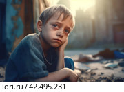 Sad boy living in poverty. Generate ai. Стоковое AI-изображение, AI-художник Иван Рябоконь / Фотобанк Лори