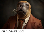 Anthropomorphic walrus wearing formal classic suit. Generate ai. Стоковое AI-изображение, AI-художник Иван Рябоконь / Фотобанк Лори