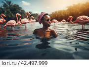 African American woman in water with flamingos. Generate ai. Стоковое AI-изображение, AI-художник Иван Рябоконь / Фотобанк Лори