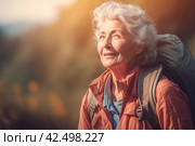 Senior woman hiking at sunset. Generate Ai. Стоковое AI-изображение, AI-художник Иван Рябоконь / Фотобанк Лори