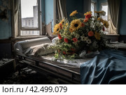 Bouquet of flowers on hospital bed, bombed city view. Generate Ai. Стоковое AI-изображение, AI-художник Иван Рябоконь / Фотобанк Лори