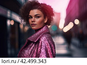 Curly female model wearing pink glittered sparkles cloth. Generate ai. Стоковое AI-изображение, AI-художник Иван Рябоконь / Фотобанк Лори