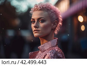 Female model with pink hair wearing glittered sparkles jacket. Generate ai. Стоковое AI-изображение, AI-художник Иван Рябоконь / Фотобанк Лори