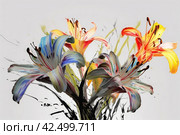Colorful lily flowers with watercolor splashes. Generate ai. Стоковое AI-изображение, AI-художник Иван Рябоконь / Фотобанк Лори