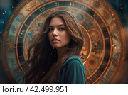 Celestial lady on astrological horoscope circle backdrop. Generate ai. Стоковое AI-изображение, AI-художник Иван Рябоконь / Фотобанк Лори