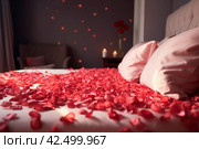 Bed covered with rose petals. Generate ai. Стоковое AI-изображение, AI-художник Иван Рябоконь / Фотобанк Лори
