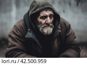 Sad homeless senior beggar man. Generate ai. Стоковое AI-изображение, AI-художник Иван Рябоконь / Фотобанк Лори