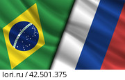 Wavy national flags of Federative Republic of Brazil and Russian Federation. Friendly relations between countries. Political economic banner. Стоковая иллюстрация, иллюстратор GAlexS / Фотобанк Лори
