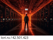 Man standing inside of fiery cyber server room. Generate ai. Стоковое AI-изображение, AI-художник Иван Рябоконь / Фотобанк Лори