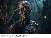 Disfigured macabre zombie in dark forest. Generate ai. Стоковое AI-изображение, AI-художник Иван Рябоконь / Фотобанк Лори