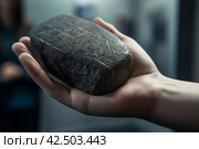 Hand holding ancient stone. Generate ai. Стоковое AI-изображение, AI-художник Иван Рябоконь / Фотобанк Лори