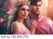 Princess with crown hugging her prince. Generate ai. Стоковое AI-изображение, AI-художник Иван Рябоконь / Фотобанк Лори