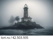 Eerie lighthouse tower on seashore in mist. Generate ai. Стоковое AI-изображение, AI-художник Иван Рябоконь / Фотобанк Лори