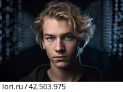 Cute blond guy portrait with disheveled hair. Generate ai. Стоковое AI-изображение, AI-художник Иван Рябоконь / Фотобанк Лори