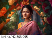 Indian traditional super model in floral botany garden. Generate ai. Стоковое AI-изображение, AI-художник Иван Рябоконь / Фотобанк Лори