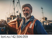 Old fisherman in uniform posing on fishing boat background. Generate ai. Стоковое AI-изображение, AI-художник Иван Рябоконь / Фотобанк Лори