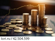 Coins piles concept of financial interest rate. Generate ai. Стоковое AI-изображение, AI-художник Иван Рябоконь / Фотобанк Лори