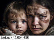 Scared woman with child domestic violence portrait. Generate ai. Стоковое AI-изображение, AI-художник Иван Рябоконь / Фотобанк Лори