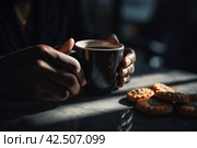 Black hand holding coffee cup. Generate ai. Стоковое AI-изображение, AI-художник Иван Рябоконь / Фотобанк Лори