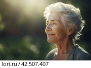 Smiling gray haired senior woman in green park. Generate ai. Стоковое AI-изображение, AI-художник Иван Рябоконь / Фотобанк Лори