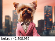 Charming Yorkie pet in pink elegant suit. Generate ai. Стоковое AI-изображение, AI-художник Иван Рябоконь / Фотобанк Лори