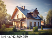 Suburban house with photovoltaic system. Generate ai. Стоковое AI-изображение, AI-художник Иван Рябоконь / Фотобанк Лори