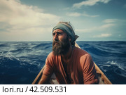 Sailor survival on boat in the middle of ocean. Generate ai. Стоковое AI-изображение, AI-художник Иван Рябоконь / Фотобанк Лори