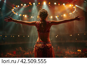 Enthralling belly dance at a vibrant Middle Eastern restaurant with traditional music and decor. Стоковое AI-изображение, AI-художник Юрий Поздников / Фотобанк Лори