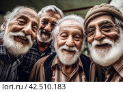 Selfie photo of group elderly smiling men. Generate ai. Стоковое AI-изображение, AI-художник Иван Рябоконь / Фотобанк Лори