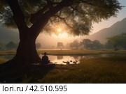 Sunrise morning meditator under tree near lake. Generate Ai. Стоковое AI-изображение, AI-художник Иван Рябоконь / Фотобанк Лори