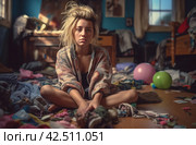 Exhausted female sitting floor. Generate AI. Стоковое AI-изображение, AI-художник Иван Рябоконь / Фотобанк Лори