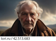 Close-up outdoor portrait of gray haired old man wearing vintage hat, coat. Observant elderly man look at camera. 20th century Stylish retro old-fashioned suit look. Senior nostalgic wrinkled face man. Стоковое AI-изображение, AI-художник Марина Демидюк / Фотобанк Лори
