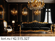 Vintage interior with antique furniture on black background. Old gondola sofa, chandelier and candelabra on table by huge mirror. Gold in black. Copyright space. Large space for inscription or logo. Стоковое AI-изображение, AI-художник Aleksandr Golubev / Фотобанк Лори