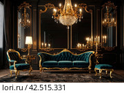 Vintage interior with antique furniture on black background. Old gondola sofa, chandelier and candelabra on table by huge mirror. Gold in black. Copyright space. Large space for inscription or logo. Стоковое AI-изображение, AI-художник Aleksandr Golubev / Фотобанк Лори