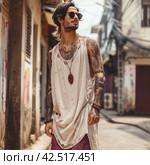Stylish man on the street in rustic oversize thin fabric beige tank top with subtle burgundy paisley details,    Generative AI. Стоковое AI-изображение, AI-художник Анна Кривицкая / Фотобанк Лори