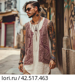 Stylish man on the street in rustic oversize thin fabric beige tank top with subtle burgundy paisley details,    Generative AI. Стоковое AI-изображение, AI-художник Анна Кривицкая / Фотобанк Лори