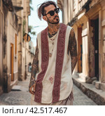 Stylish man on the street in rustic oversize thin fabric beige tank top with subtle burgundy paisley details,    Generative AI. Стоковое AI-изображение, AI-художник Анна Кривицкая / Фотобанк Лори