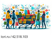 Friends shopping together, holding bags and smiling, isolated on white background. Стоковое AI-изображение, AI-художник Юрий Поздников / Фотобанк Лори