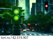 Regulated City green traffic light street. Generate AI. Стоковое AI-изображение, AI-художник Иван Рябоконь / Фотобанк Лори