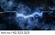 Electric Arc Between Two Cables. Стоковое AI-изображение, AI-художник Кирилл Черезов / Фотобанк Лори