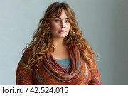 Redhead middle-aged plus size model on gray background, fat woman with chubby face, body positive concept, AI Generated. Стоковое AI-изображение, AI-художник Станислав Тарко / Фотобанк Лори