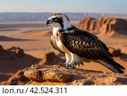 Bird is an osprey on sand san close up. Portrait of osprey (Pandion haliaetus) sitting on rock ridge in Sahara desert Observation animal world. Really adventure in Red sea, coast Africa. Стоковое AI-изображение, AI-художник Aleksandr Golubev / Фотобанк Лори