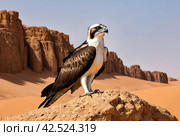 Bird is an osprey on sand san close up. Portrait of osprey (Pandion haliaetus) sitting on rock ridge in Sahara desert Observation animal world. Really adventure in Red sea, coast Africa. Стоковое AI-изображение, AI-художник Aleksandr Golubev / Фотобанк Лори