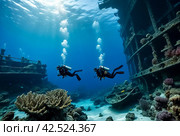 Scuba divers explore sunken ships at the bottom of the sea. Marine life underwater in blue ocean. Observation animal world. Scuba diving adventure in Red sea, coast Africa. Стоковое AI-изображение, AI-художник Aleksandr Golubev / Фотобанк Лори