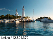 Sea panorama of moored yachts at Cape with lighthouse. Anchorage of ships at anchor. Marine life underwater in blue ocean. Observation animal world. Scuba diving adventure in Red sea, coast Africa. Стоковое AI-изображение, AI-художник Aleksandr Golubev / Фотобанк Лори