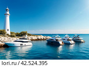 Sea panorama of moored yachts at Cape with lighthouse. Anchorage of ships at anchor. Marine life underwater in blue ocean. Observation animal world. Scuba diving adventure in Red sea, coast Africa. Стоковое AI-изображение, AI-художник Aleksandr Golubev / Фотобанк Лори