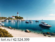 Sea panorama of moored yachts at Cape with lighthouse. Anchorage of ships at anchor. Marine life underwater in blue ocean. Observation animal world. Scuba diving adventure in Red sea, coast Africa. Стоковое AI-изображение, AI-художник Aleksandr Golubev / Фотобанк Лори