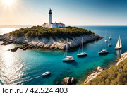Sea panorama of moored yachts at Cape with lighthouse. Anchorage of ships at anchor. Marine life underwater in blue ocean. Observation animal world. Scuba diving adventure in Red sea, coast Africa. Стоковое AI-изображение, AI-художник Aleksandr Golubev / Фотобанк Лори